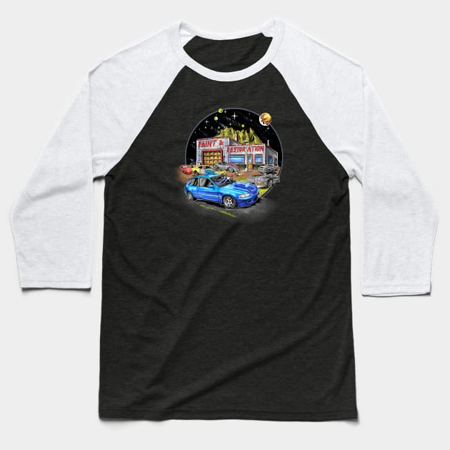 HOT ROD GARAGE Baseball T-Shirt by AMOS_STUDIO